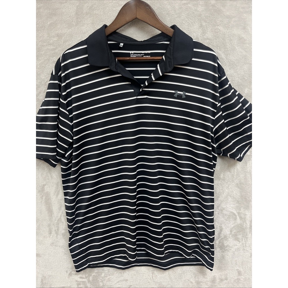 Under Armour Performance Polo Shirt‎ Men's XL Golf Heat Gear Black Striped